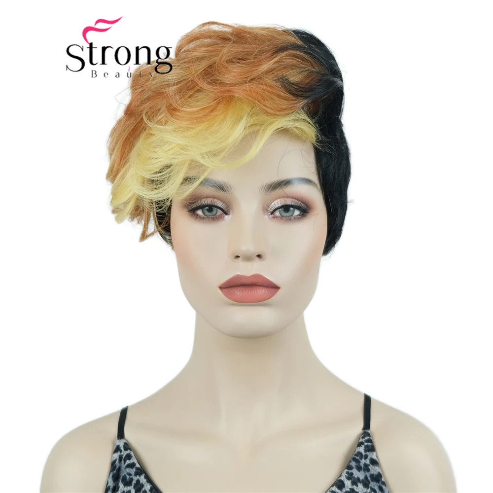 

StrongBeauty Short Curly Asymmetric Inclined Bangs mix colors Black Short Straight Bob Natural Wig Synthetic Full Wig for Women