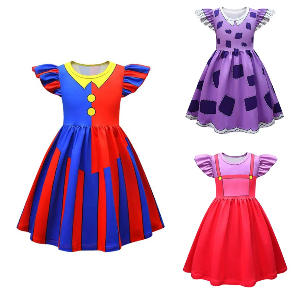 Anime Magical Circus Pomni Cosplay Dress Kids Cute Cartoon Printing Dress Ragatha Role Play Nightdress Halloween Carnival Party