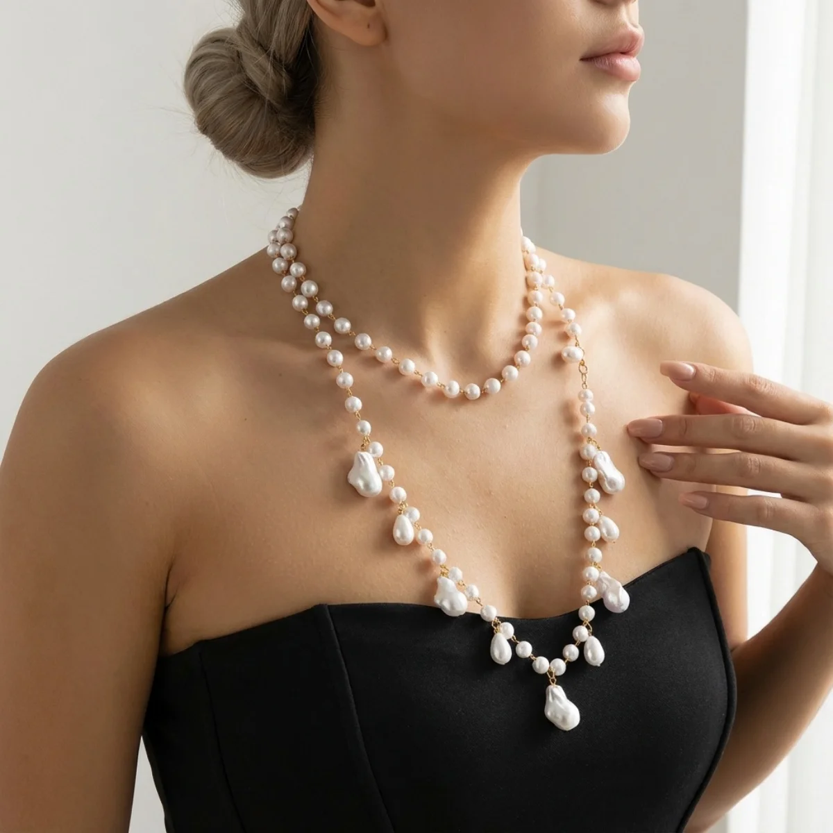 Barocke unregelmäßige Imitation Perle Perlen Halskette für Frauen Männer minimalistische mehrschichtige Perle Kette Halsband vielseitiger Körperschmuck – Detail 12