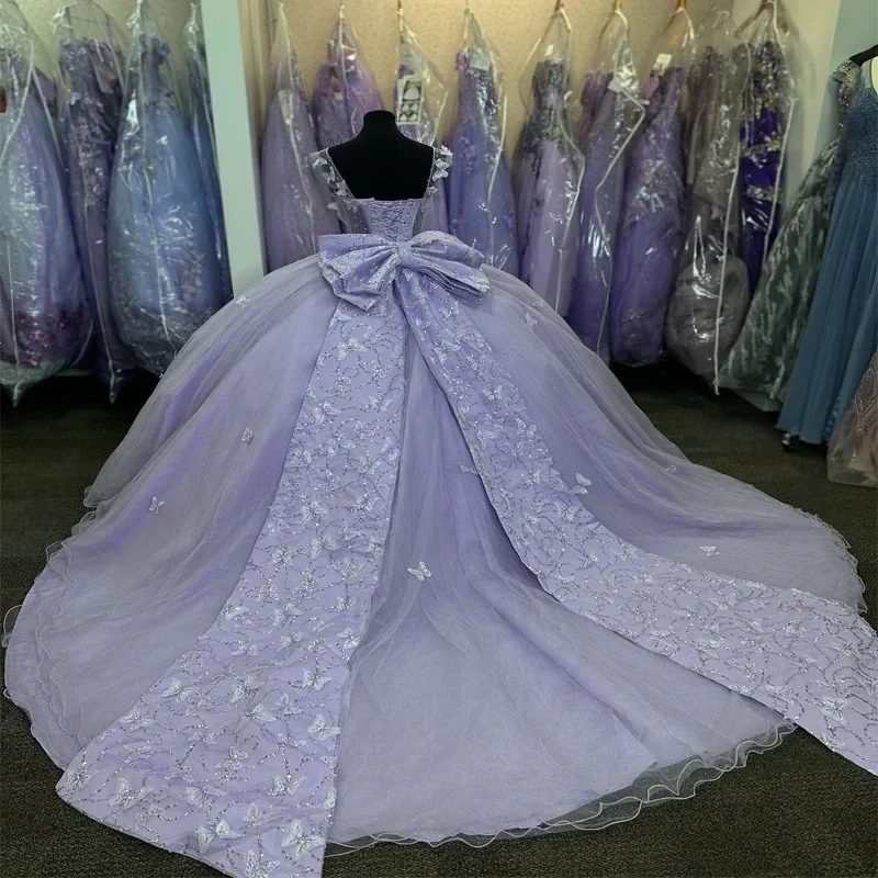 فستان Quinceanera لامع من الخزامى للفتيات مع فيونكة خرز بدون أكمام من فيستدوس دي فييستا بحزام سباغيتي فيستدوس كوينسيانيرا 2025 حديث