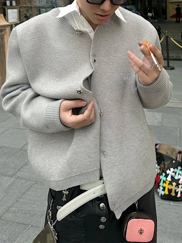 

Early Autumn Mixed Knitted Open Cardigan Jaet Men's Ele Button Simple Korean Sle Casual Loose Fit Long Sve Sweatirt