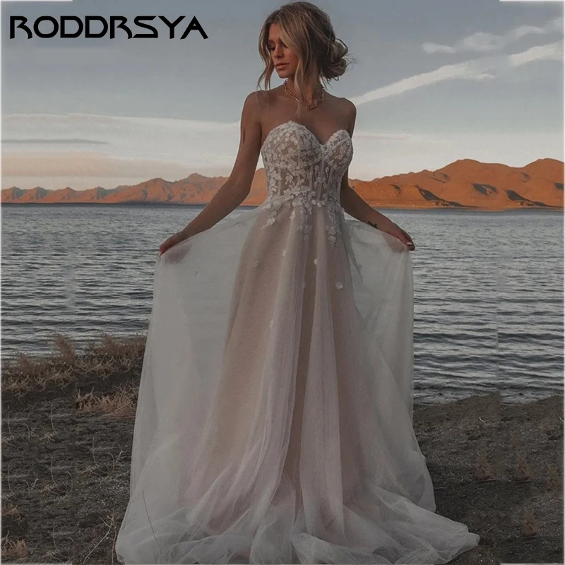 RODDRSYA Querida Strapless Vestido De Noiva para Noiva Sexy Tulle Backless Vestido Novia Civil Elegante A-Line Lace Bridal Gown Querida Strapless Vestido De Noiva para Noiva Sexy Tulle Backless Vestido Novia Civil Eleg