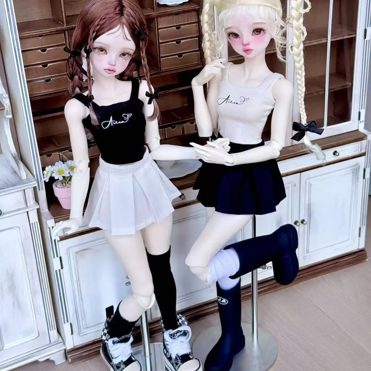 1/4 ملابس دمى ل 45 سنتيمتر Bjd دمية فتاة اللعب فستان متقلب قميص أعلى الجوارب فستان اللعب منزل إكسسوارات دمي ، لا دمية