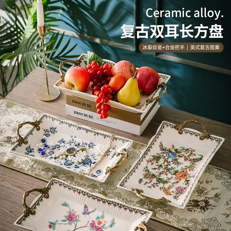 Fruit plate ornament American rural ceramic European suitable for living room coffee table home high-footed creative decoration