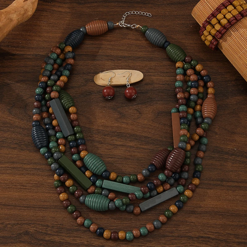 Multi Layer Handmade Wood Beads Necklace Earrings Bracelet Jewelry Set Vintage Color Statement Collar Boho Beads Long African J