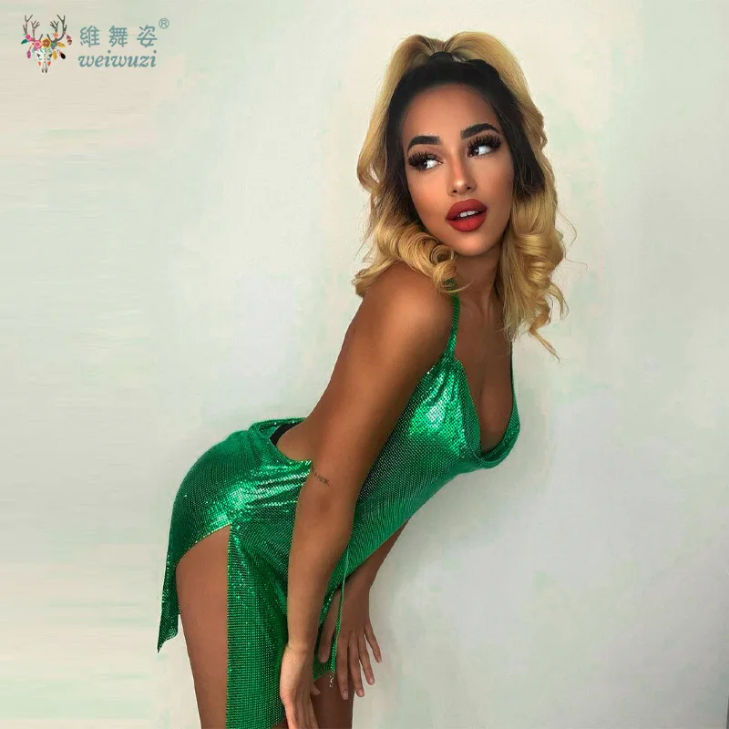 夏の女性の新しいセクシーな吊りネックバックレスソリッドカラーカクテルパーティードレスノースリーブスリムフィットスリットスパンコールビーチパーティードレス