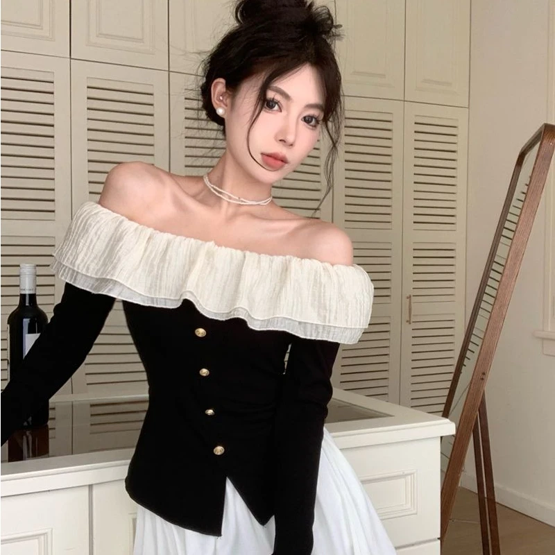 Slash Neck T-shirts for Women Off-shoulder Long Sleeve Tees Elegant French Style Feminine Sweet Ruffles Tops Chic Street Wear