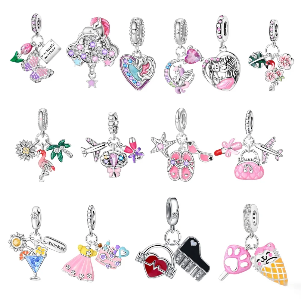 925 Sterling Silver Pink Series Charms Beads Nesting Suitcase Pendant Jewelry Fit Original 925 Bracelet For Women DIY Gift Charm