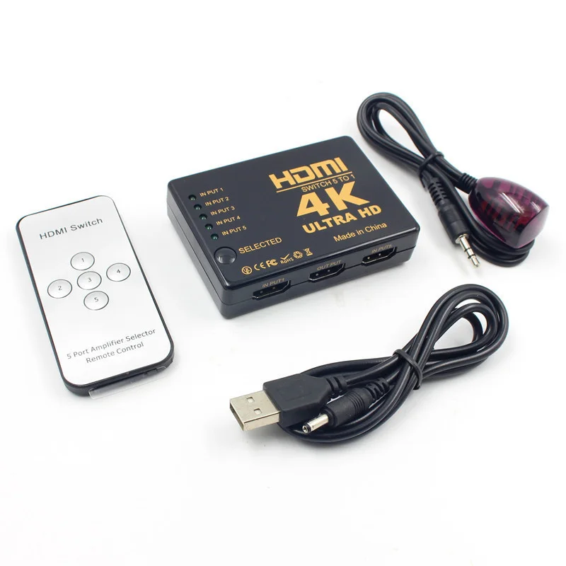 5 Input to 1 Output 3D HD HDMI Switch 1.4b 4K Video Switcher Splitter 1080P Wireless IR Remote Control USB Power Cable for PC La