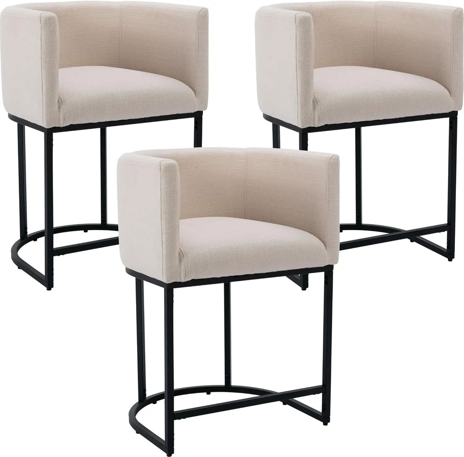 

Modern Counter Height Linen Upholstered Bar Stools Set of 3, 24" Kitchen Counter Island Stools Bar Chairs with Black Metal Frame