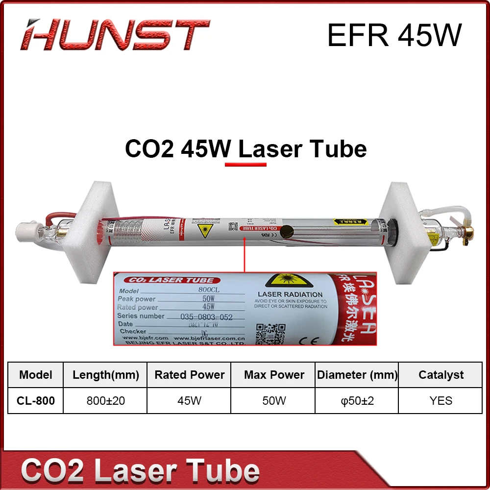 Hunst EFR 45 Вт CO2 лазерная трубка диаметром 50 мм длина 800 мм лазерная стеклянная лампа для гравировального станка CO2