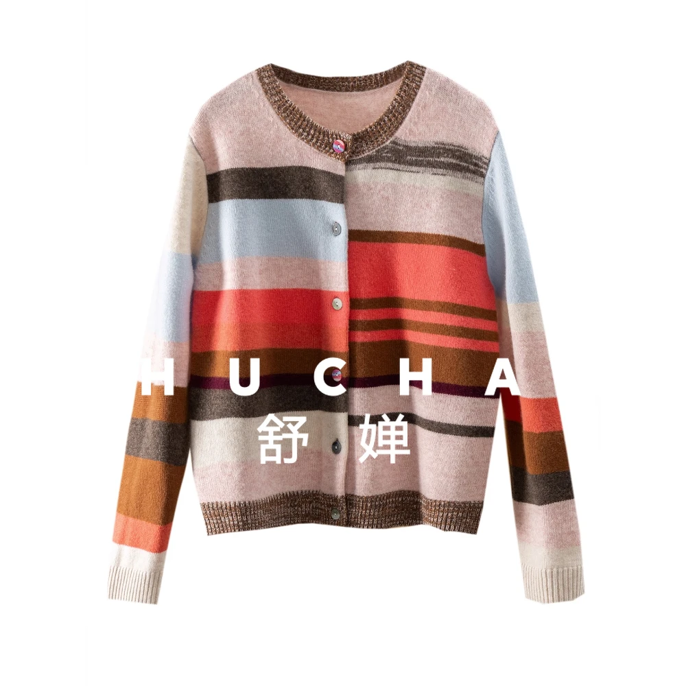 

Cardigan Colored Stripes 100 Merino Wool Crew Neck Inlaid Sweater Women's 91E8 Sueters De Mujer Casaco Feminino