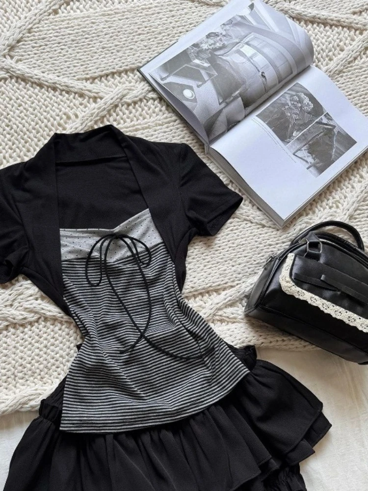 Y2k Subculture Striped Patchwork Slim Short Sleeve T Shirts 2000s American Vintage Fake 2 Piece Tees Women Harajuku Casual Tops