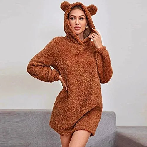 Autumn Women Pajamas Casual Winter Long Sleeve Dresses Pijama Women Keep Warm Fuzzy Fleece Bear Ears Hoodie Home Sleepwear