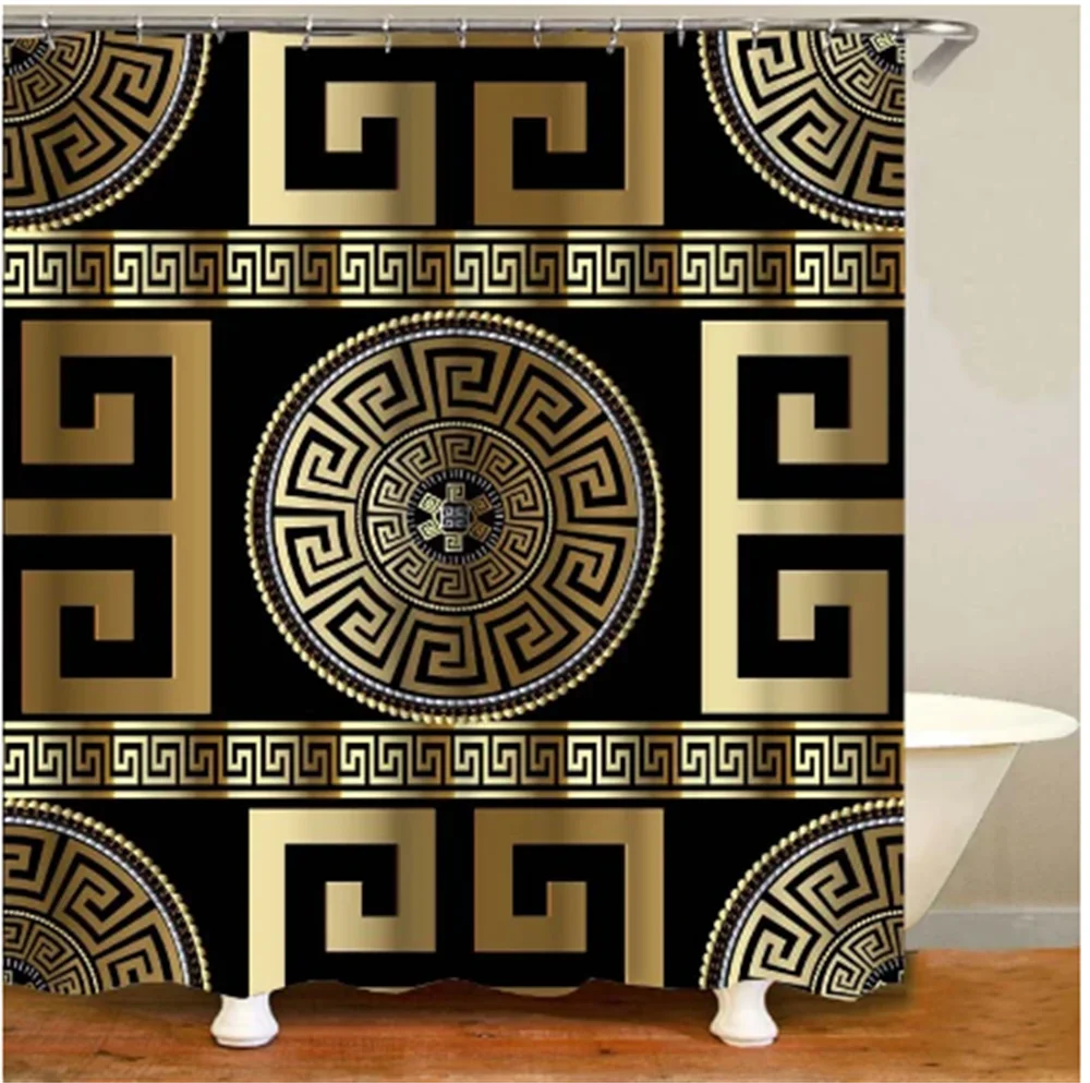 Black Gold Custom Brands Designer Logo Flower Luxury Baroque Waterproof Fabric Shower Curtain for Bath Bathroom Decor 12 Hooks