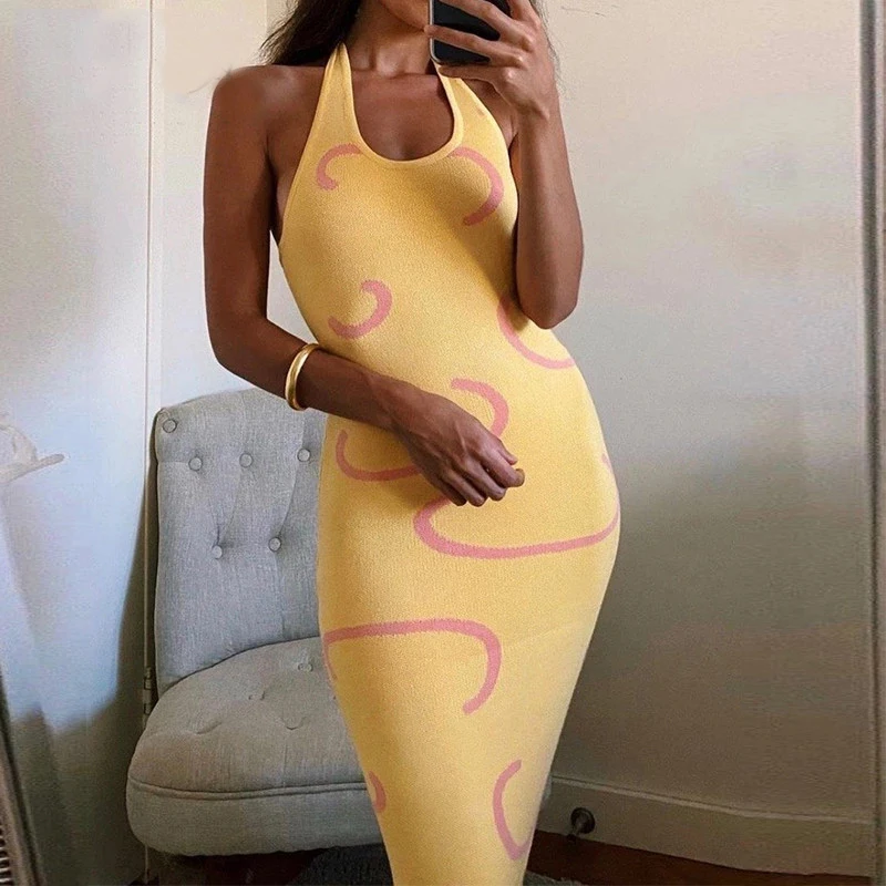 2025 Knitted Bodycon Dress Women Halter Neck Summer Yellow Sleeveless Midi Backless Party Sexy Dresses Beach