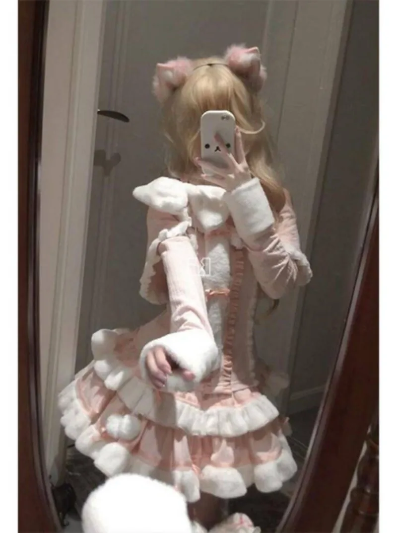 Winter Christmas Pink Bow Skirt Sets Sweet Girl Cute Slimming Top+Cake Skirt Two Piece Sets Kawaii Girls New Clothes