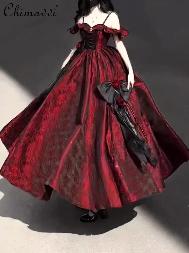 Preto e vermelho lolita flor casamento lindo vestido de aniversário lolita elegante princesa cintura alta elegante festa vestido longo feminino