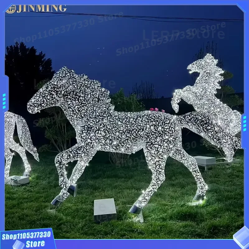 Life Size Stainless Steel Hollow Horse Statue Outdoor Garden Landscape Decoration Luminous Metal Sculpture Art for Yard Park