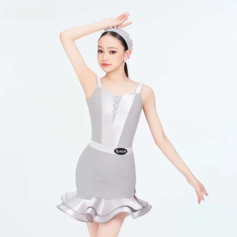 

customized women's adult girls Latin dance practice costume children's suspender bright satin high-end practice fringe dress set