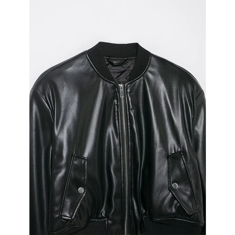 YENKYE Giacca bomber nera in ecopelle allentata per donna Cappotto da motociclista corto con cerniera frontale a maniche lunghe