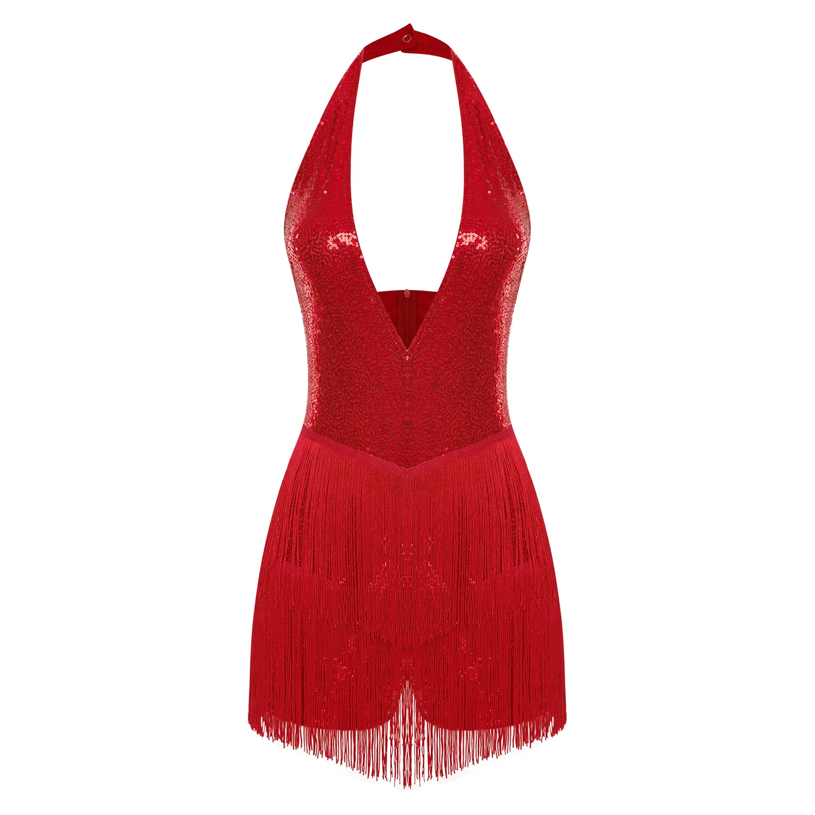 Womens Shiny Sequin Bodysuit Rompers Halter Plunging V Neck Backless Tiered Tassel Fringe Jumpsuit Playsuit Disco Dance Clubwear