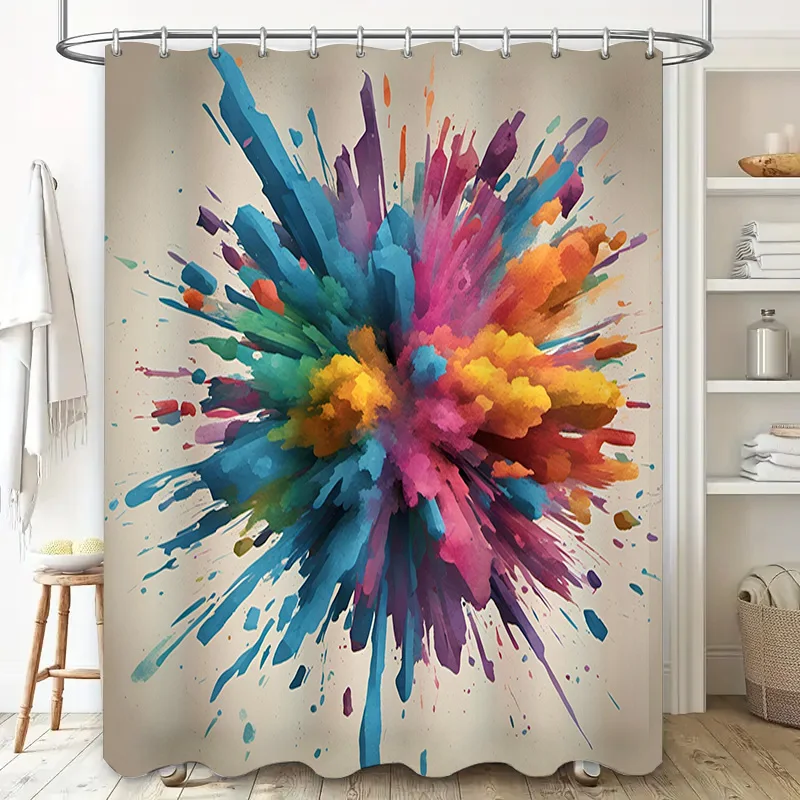 Bunter Duschvorhang, dekorative wasserdichte Badezimmerverkleidung mit blauem, violettem, gelbem rotem Spritzdesign (Größe 72 x 84)