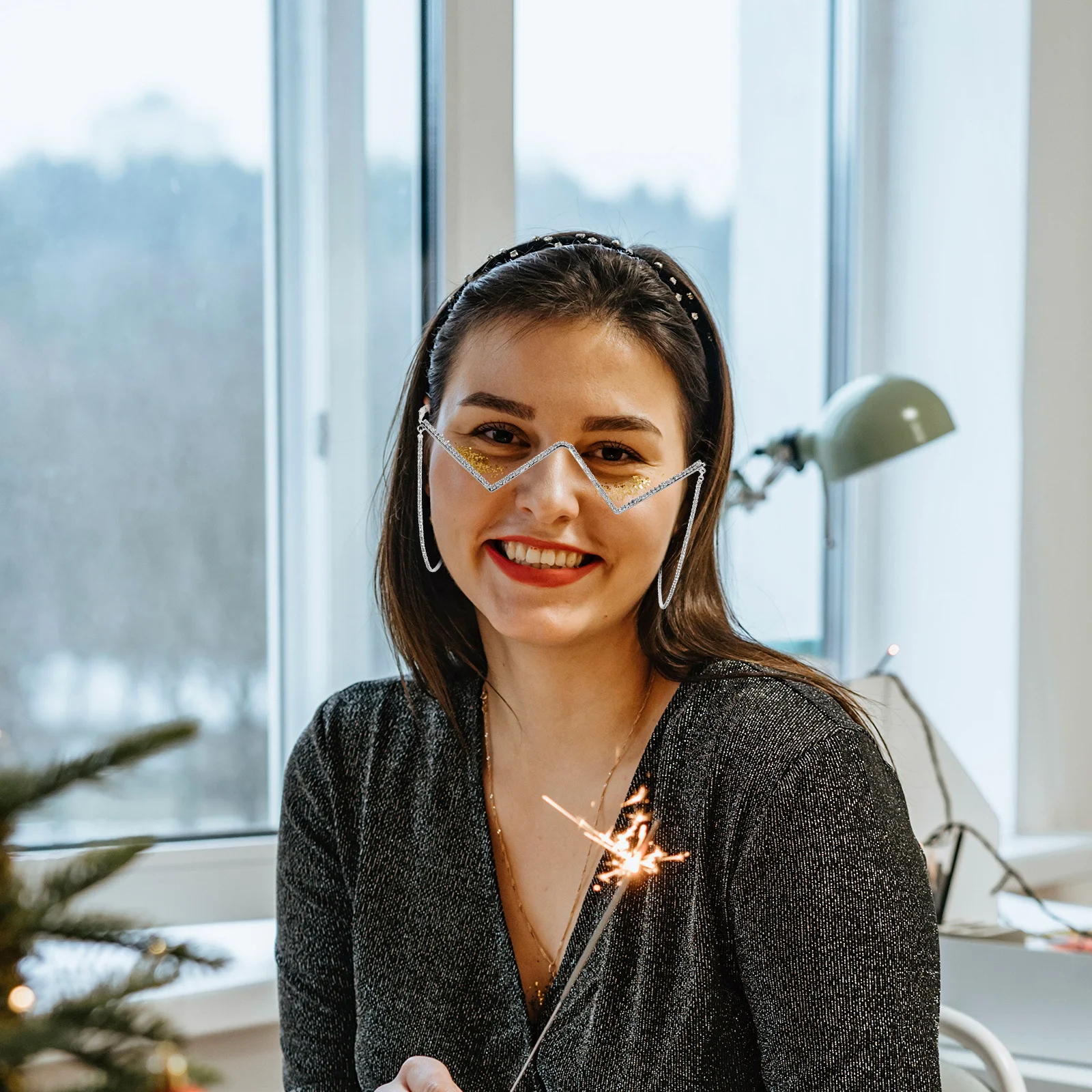 

Half Frame Rhinestone Decorative Glasses Frame Eyeglass Without Lenses Chain Hanging Bling Punk Retro Party Fashion Women