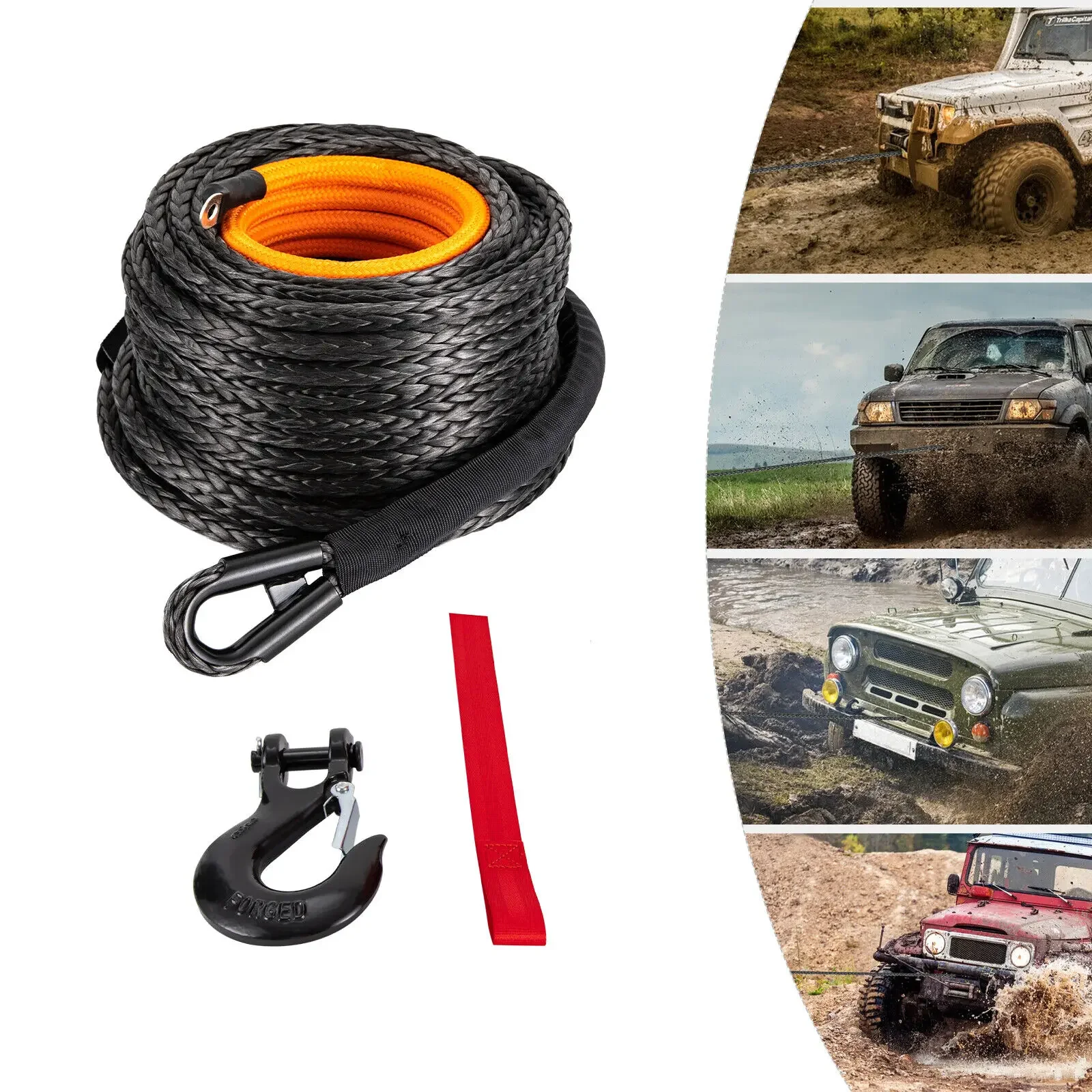 

31,500LBS Synthetic Winch Rope with Hook – 1/2x92ft Tow Cable for Car and ATV Recovery