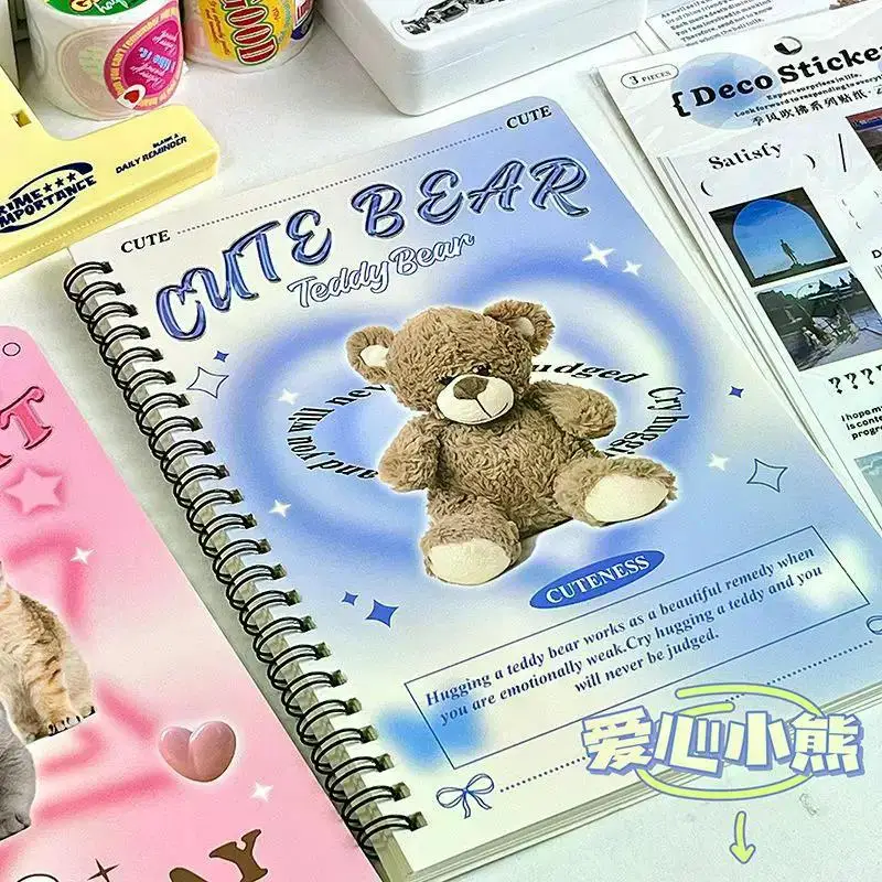 2023 Ins Notebook Creative Cute Cartoon Bear Kitten Horizontal Line Korean Style Coil A5 Scrapbook Journal Student Supplies