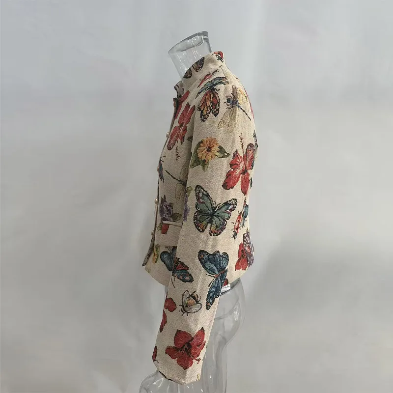 Damen-Crop-Mäntel mit Stehkragen, Jacquard-Muster, langärmelig, Herbst, einreihig, mit Paneelen, schicke neue Oberbekleidung – Detail 4