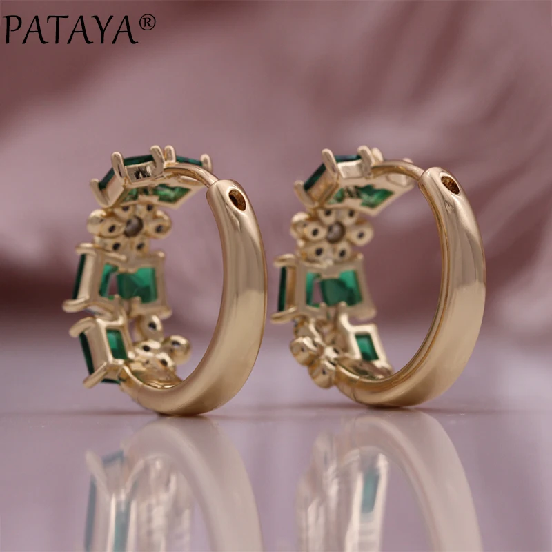 PATAYA Hot Green Natural Zircon Earring For Women Champagne Gold Color Vintage Wedding Jewelry Earrings