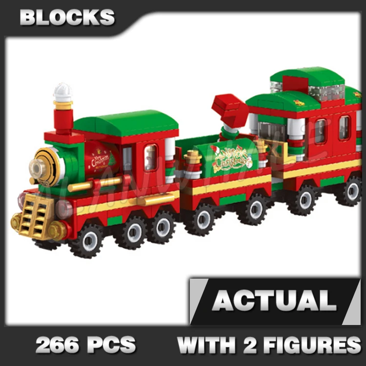 266pcs Christmas Train Red-colored Locomotive Winter Holiday Tree Green Wreaths 25524 Building Blocks Set Compatible With Model