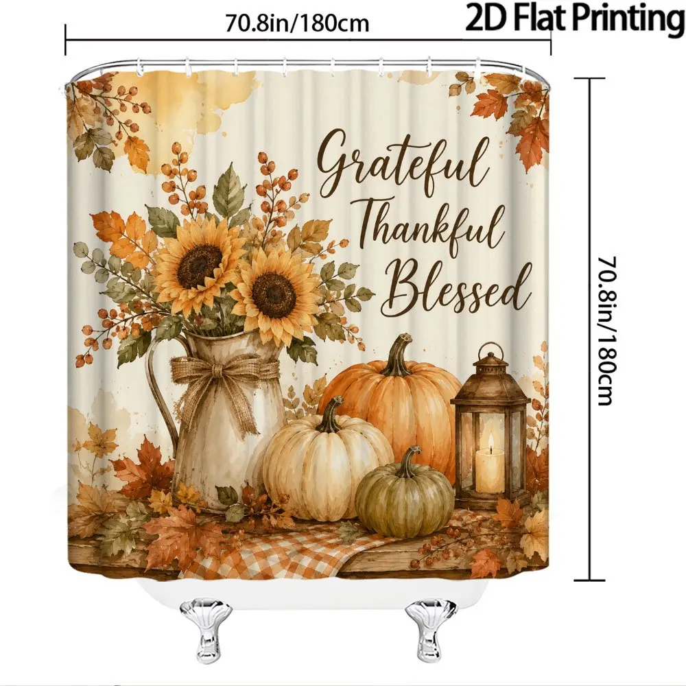 2D Flat Pack 1-Piece Watercolor Sunflower and Pumpkin Shower Curtain for Autumn Harvest Bathroom Decor Machine Washable with Hooks Grateful and Blessed Floral Bathtub Curtain 70.8x 70.8inch Autumn Bathroom Hanging Curtain 2D Flat Pack