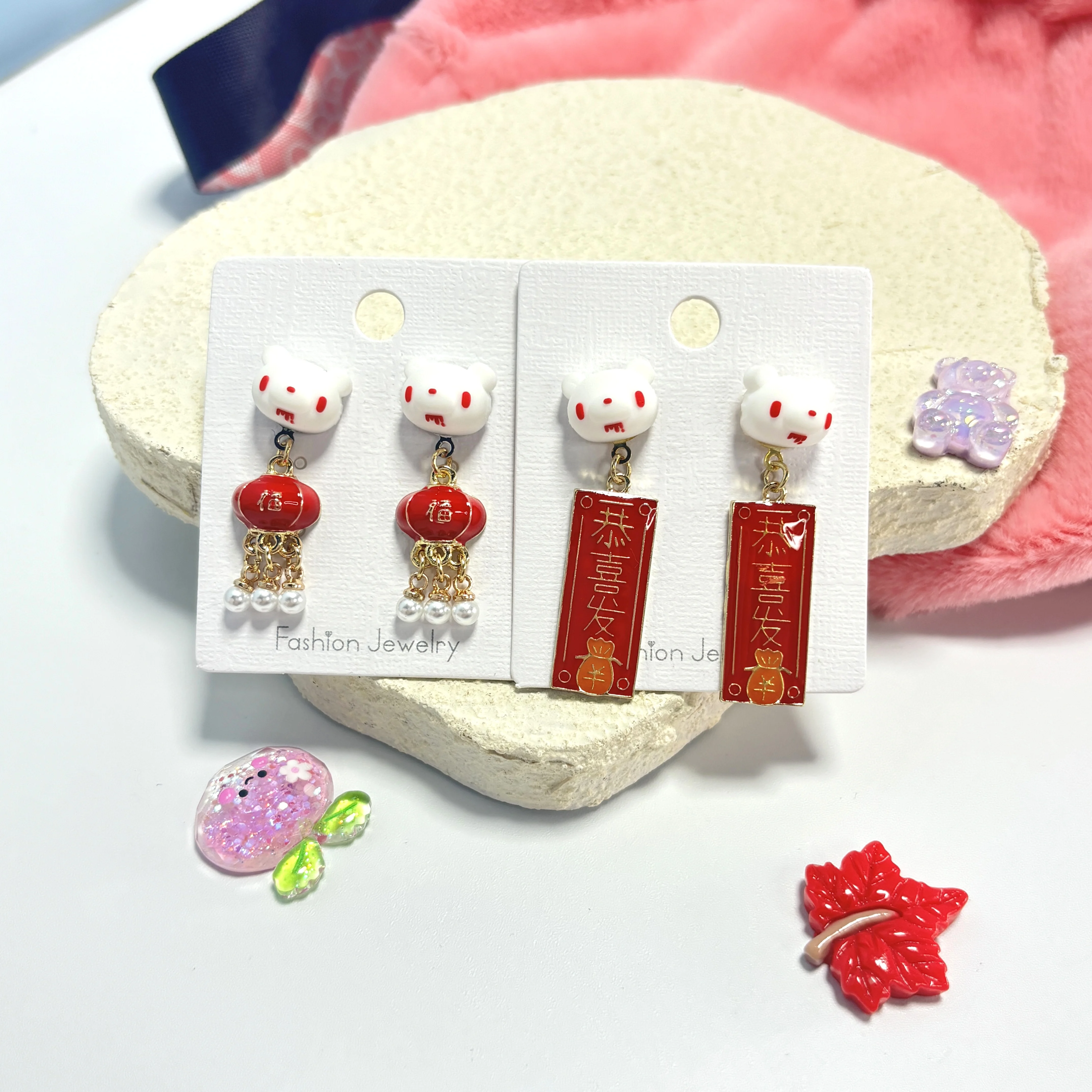 2026 Year of the Horse Lucky Bear Earrings Red Fu Lantern Festive Drop Earrings Chinese New Year Gift Jewelry