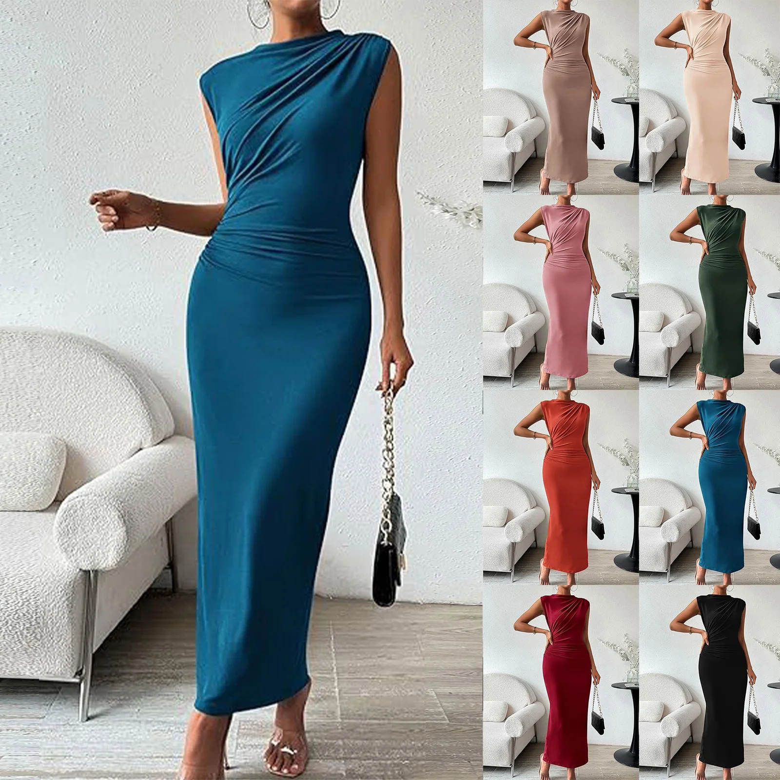 Vestido ajustado sexi para mujer, vestido sencillo de Color sólido sin mangas, vestido acampanado con cuello redondo y volantes, vestido para citas con temperamento elegante