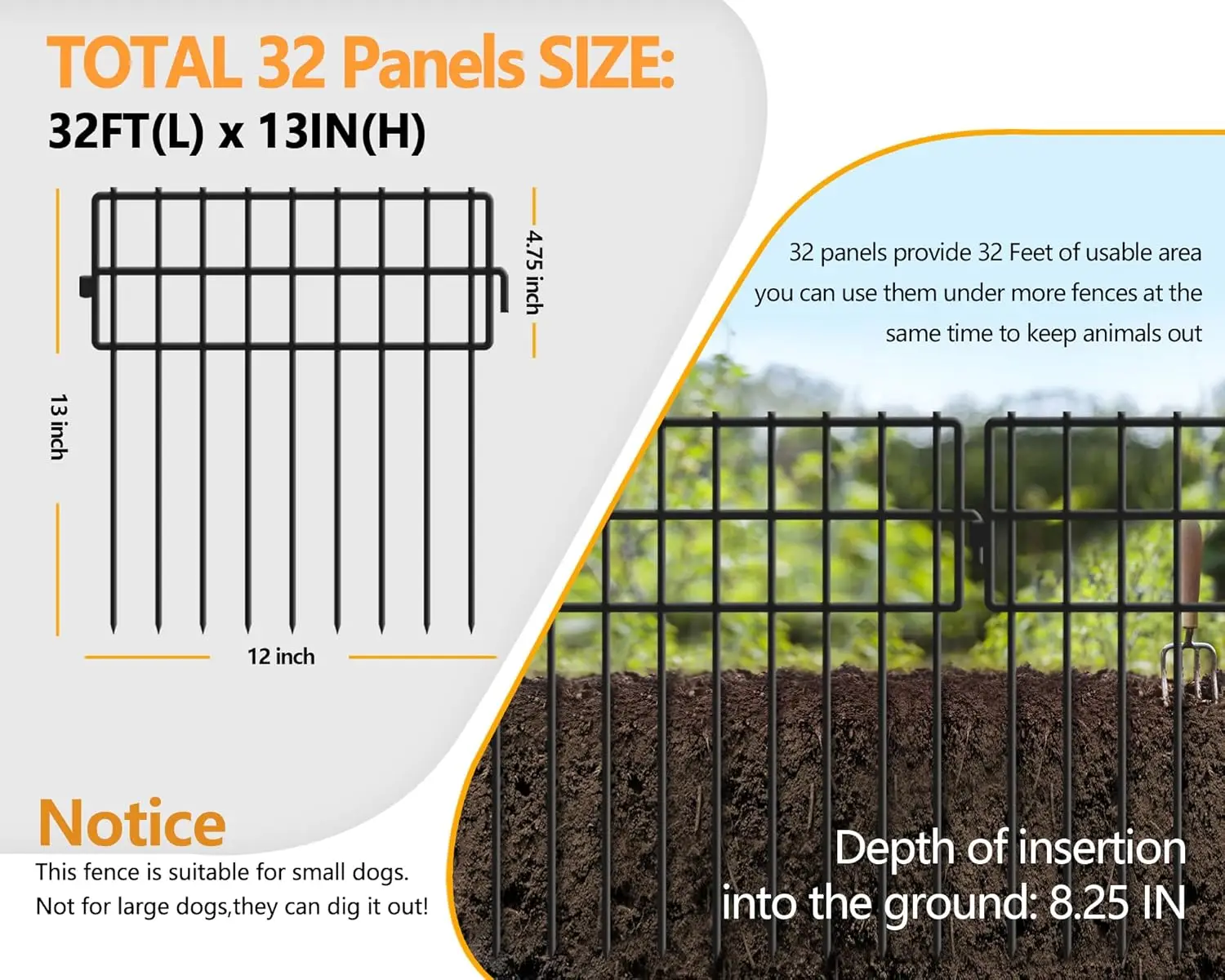 Recinzione barriera per animali senza cifre a 32 pannelli, 32 piedi x 13 pollici, difesa da giardino in metallo per conigli e cani