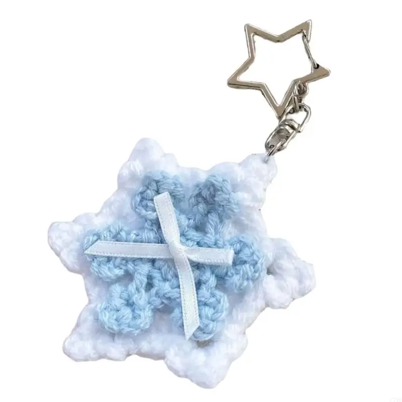  Soft Plush Bowknot Snowflake Pattern Crochet Keyring Knitted Phone Charm Winter Gift Plush Yarn Craft Art Accessories