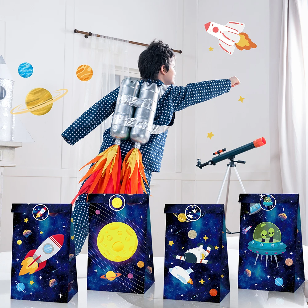 

LB158 12pcs Astronaut Space Planet Rocket Birthday Party Paper Gift Bags Biscuit Kraft Paper Box Bags Baby Shower Party Decors