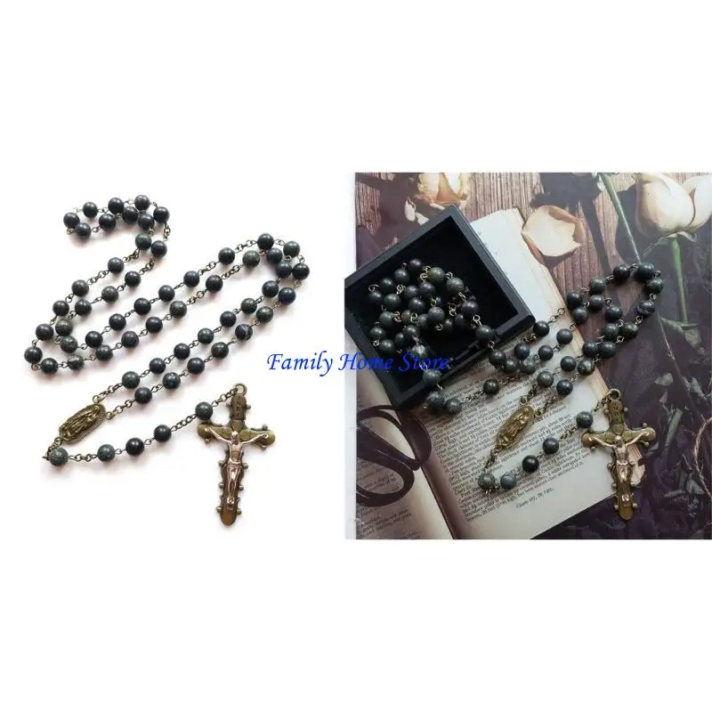 P0UF Fashion Religion Christian Green Beads Rosary Collar Mujeres cruzadas Cadena larga