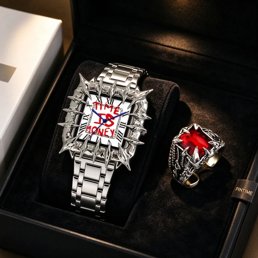 Spiked Bezel Square Wristwatch Men Matching Ring Set, Cyberpunk Gothic Punk Silver Band Quartz Statement Industrial Gift Set