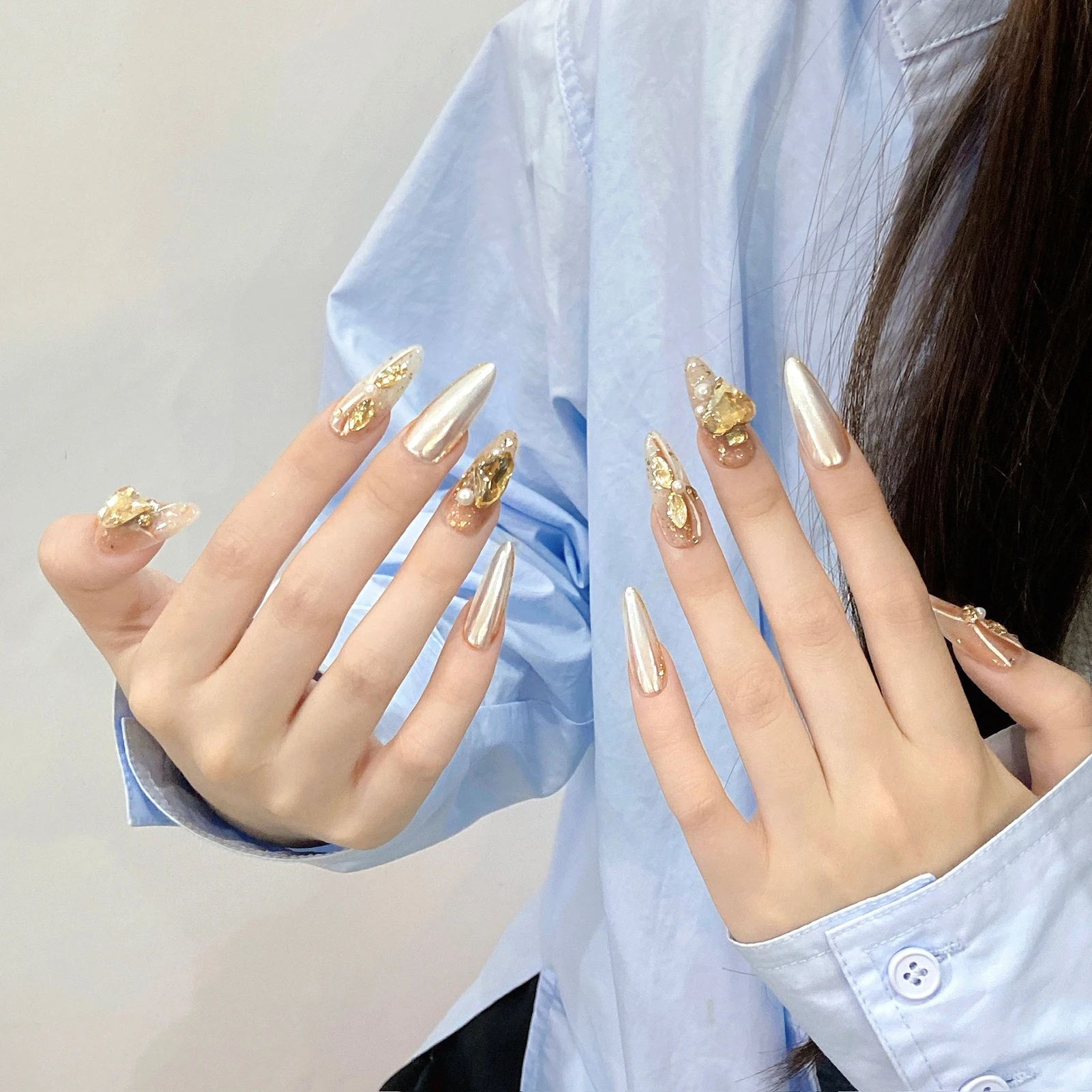 Long False Nails with Rhinestone Sweet & Charming Reusable False Nails for Stage Performance Wear