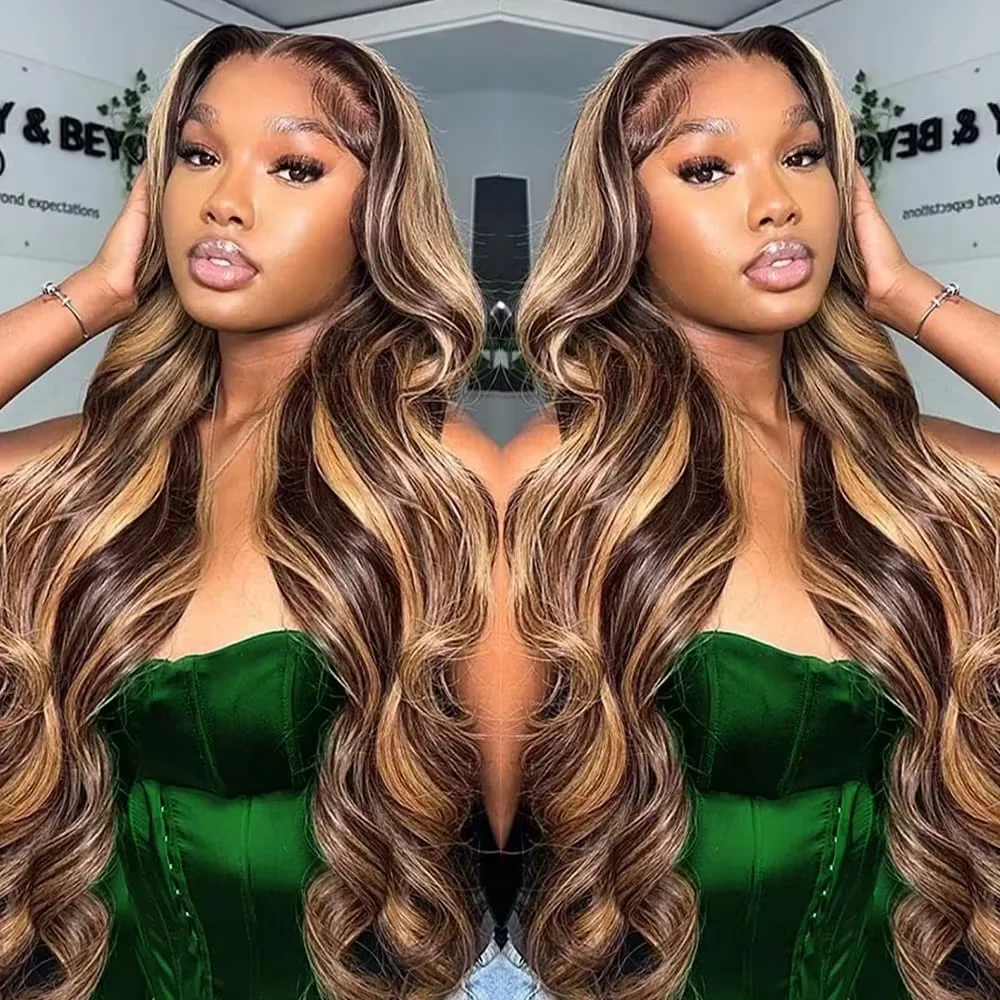 P4/27 Highlight Brown Body Wave 13x6 Human Hair Wig Honey Blonde Colored 13x4 HD Lace PrePlucked 46 Inch Wigs For Women