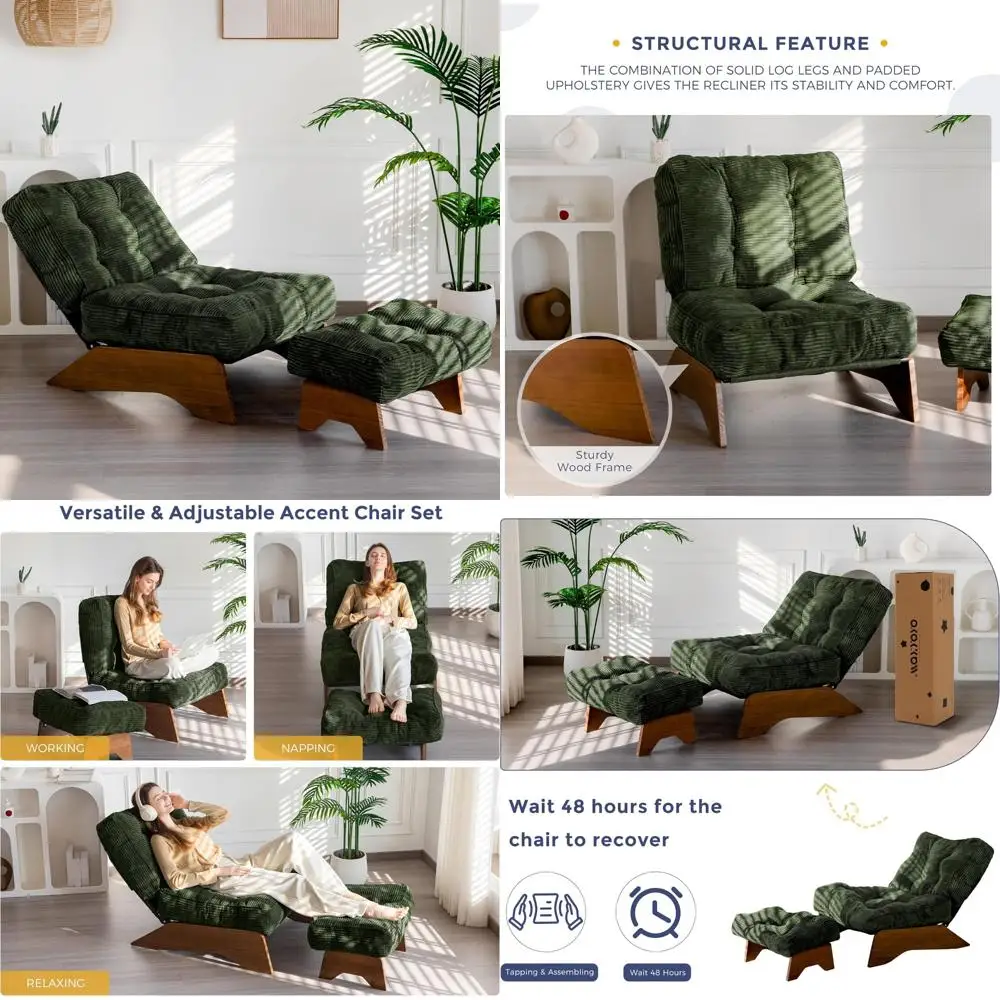 Gepolsterter Akzentstuhl mit verstellbarer Rückenlehne und Ottomane, getufteter Wohnzimmer-Loungesessel im Modus