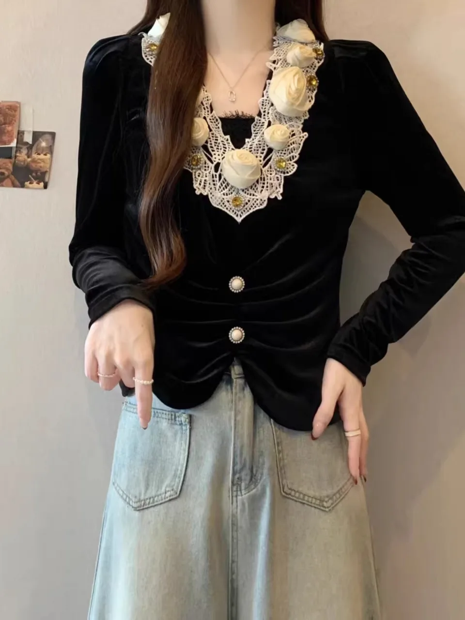 

Ele Bla Long Sve Women's irt Spring 2026 Trendy plus Size Fat MM 3D Flower Top Commute Sle Korean Version Slim...