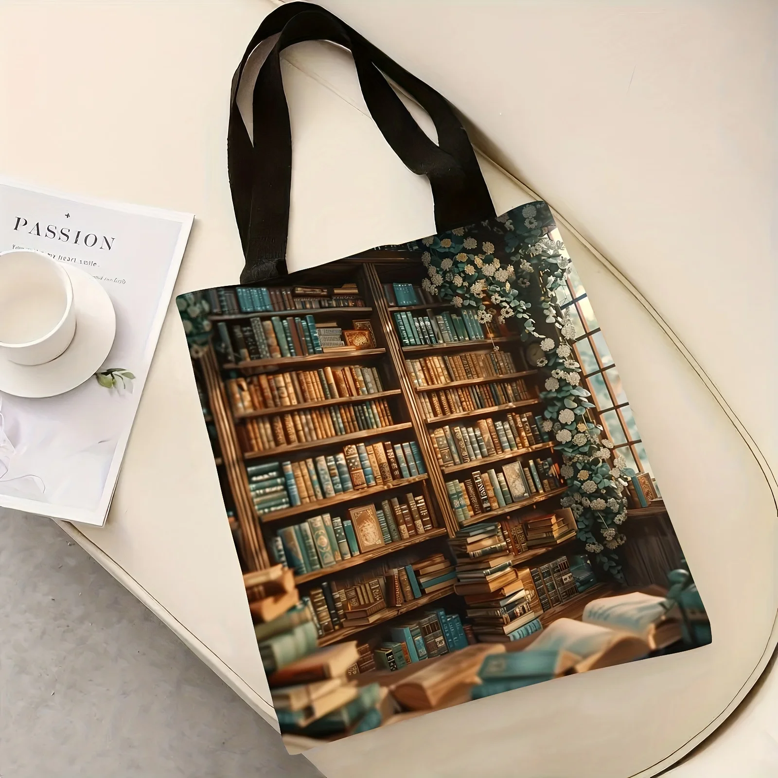 Spacious Polyester Chic Book Shelf Floral Print Tote Bag Bookshop Design Handbag for Work School & Shopping Women's Shoulder Bag