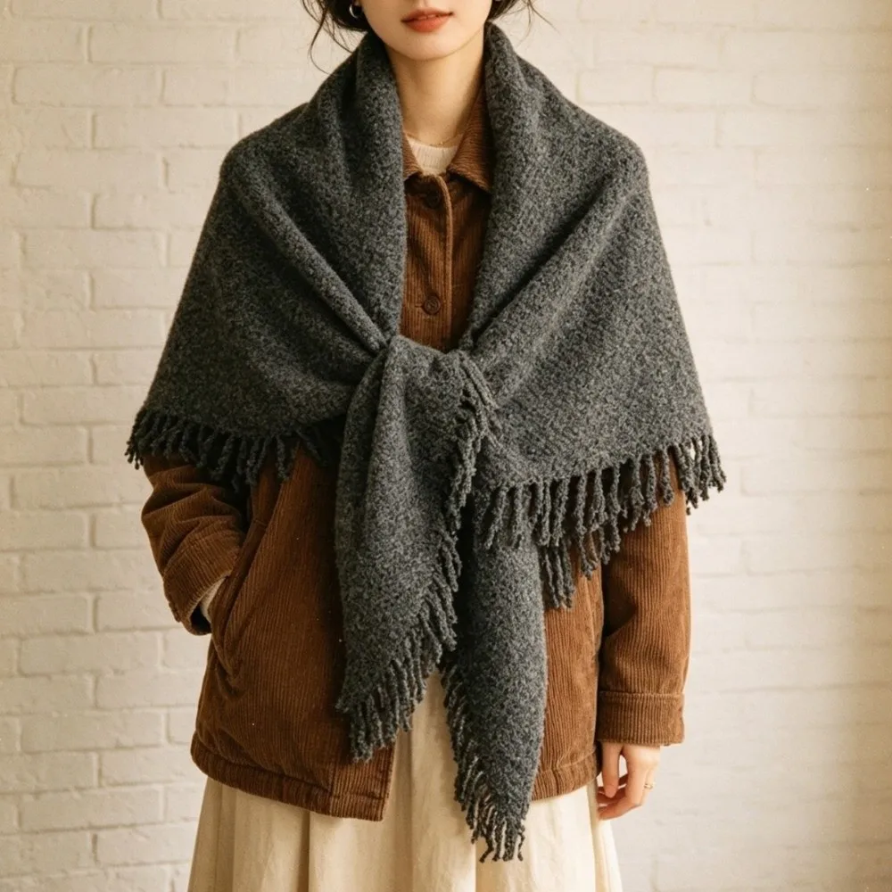 Chic Wool‑Blend Triangle Shawl Tassel Multi-color Neck Warmer Decorative Solid Color Wrap Shawl Indoor