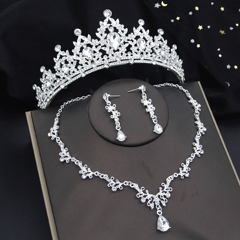 Quality Bride Crown Sets for Women Tiaras Necklace Earrings Set Wedding Dress Bridal Costume Jewelry Sets Accessories
