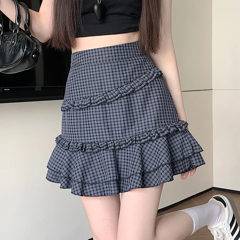 

Ruffles Women Mini Skirts High Waist Korean Plaid Cake Skirt Casual Summer Ladies A Line Skirt New