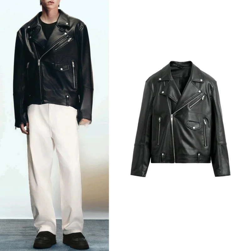 

Новая осенняя мужская модная городская куртка-косуха из искусственной кожи, свободного кроя, с воротником, модель 849420